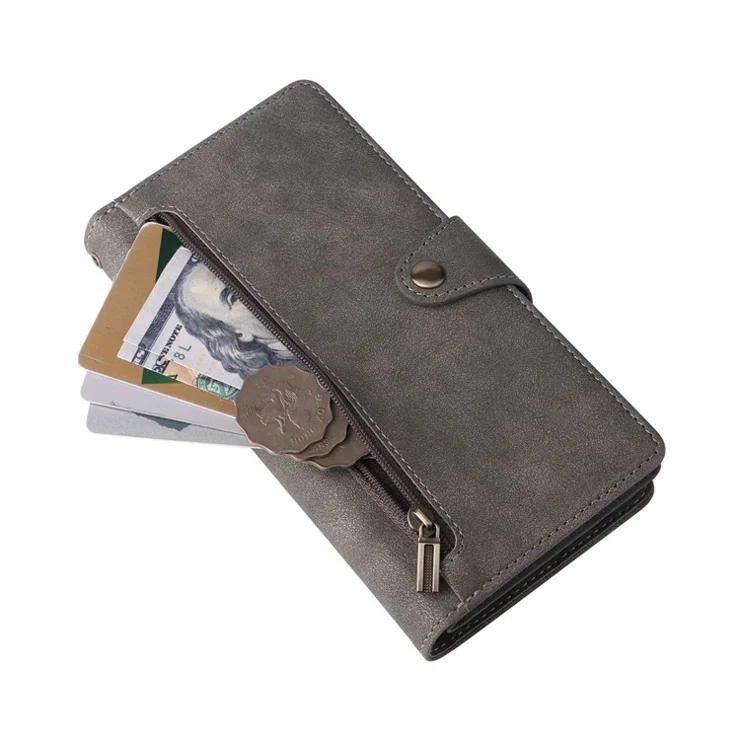 For Samsung Galaxy A73 5G Zipper Pocket Design Cell Phone Case Rivet Buckle PU Leather Phone Cover Stand Wallet with Strap - Grey
