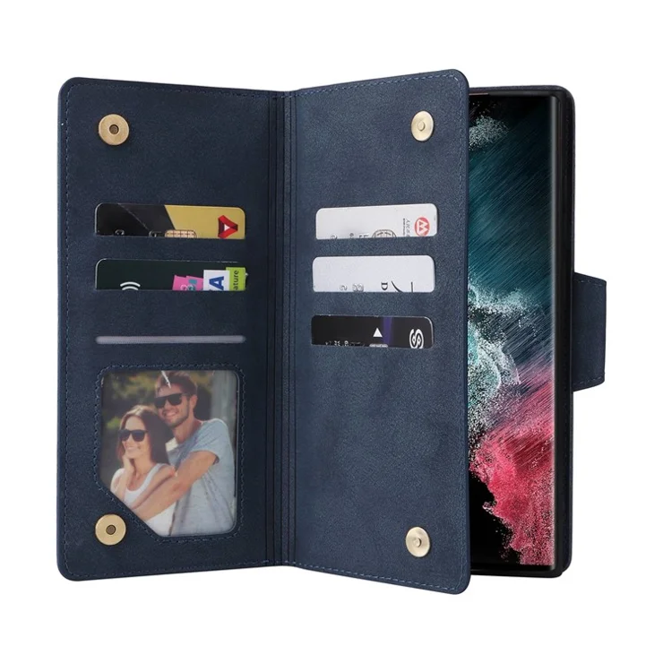 For Samsung Galaxy S23 Ultra Phone Case Stand Wallet Multiple Card Slots Rivet Buckle PU Leather Phone Cover with Strap - Blue