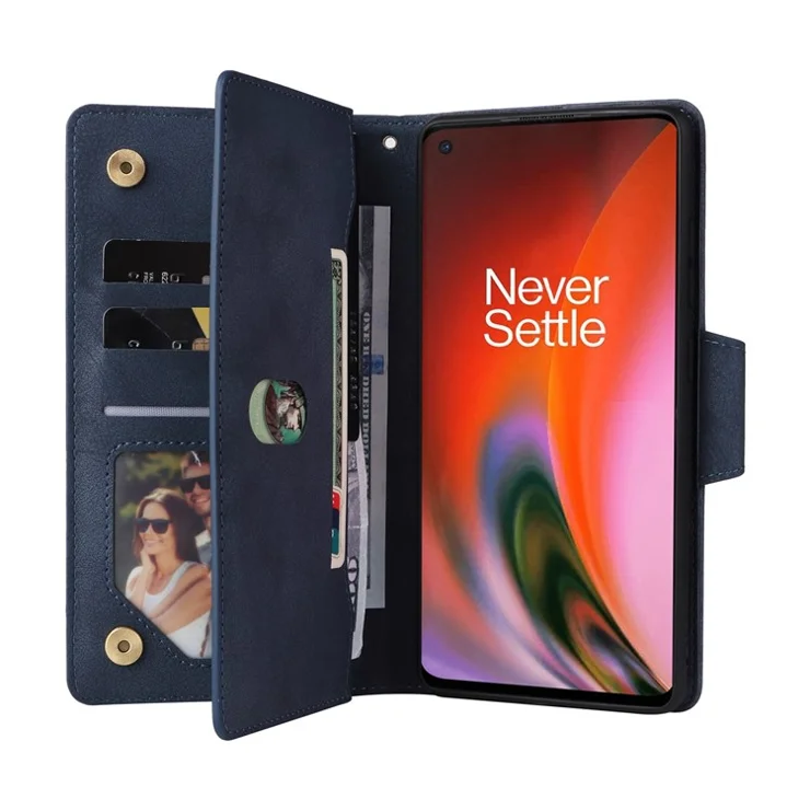 For OnePlus Nord 2 5G Zipper Pocket Design Phone Cover Rivet Buckle PU Leather Phone Case Stand Wallet with Strap - Blue