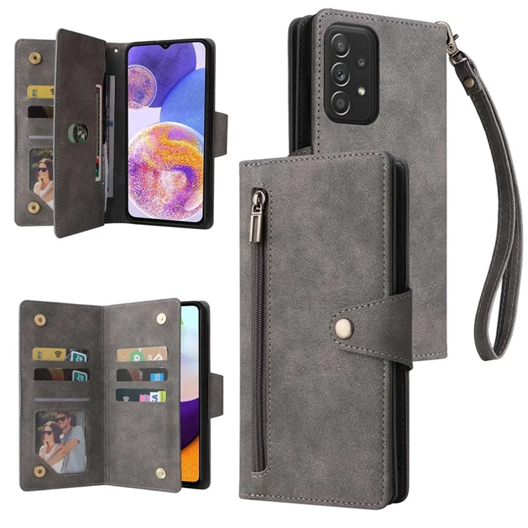 For Samsung Galaxy A23 4G / A23 5G (Global Version) / M23 5G / F23 5G Supporting Stand Wallet Zipper Pocket Phone Cover Rivet Buckle PU Leather Phone Case with Strap - Grey