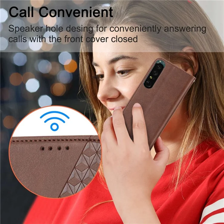 For Sony Xperia 5 IV 5G Imprinted Rhombus Pattern Phone Stand Case Calf Texture PU Leather Wallet Magnetic Closure Cover with Strap - Rose Gold