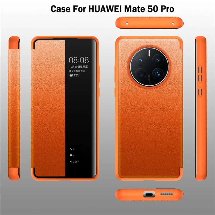 For Huawei Mate 50 Pro 4G View Window Design Auto Wake and Sleep Flip Cover Anti-fall PU Leather+TPU+Acrylic Phone Case - Brown