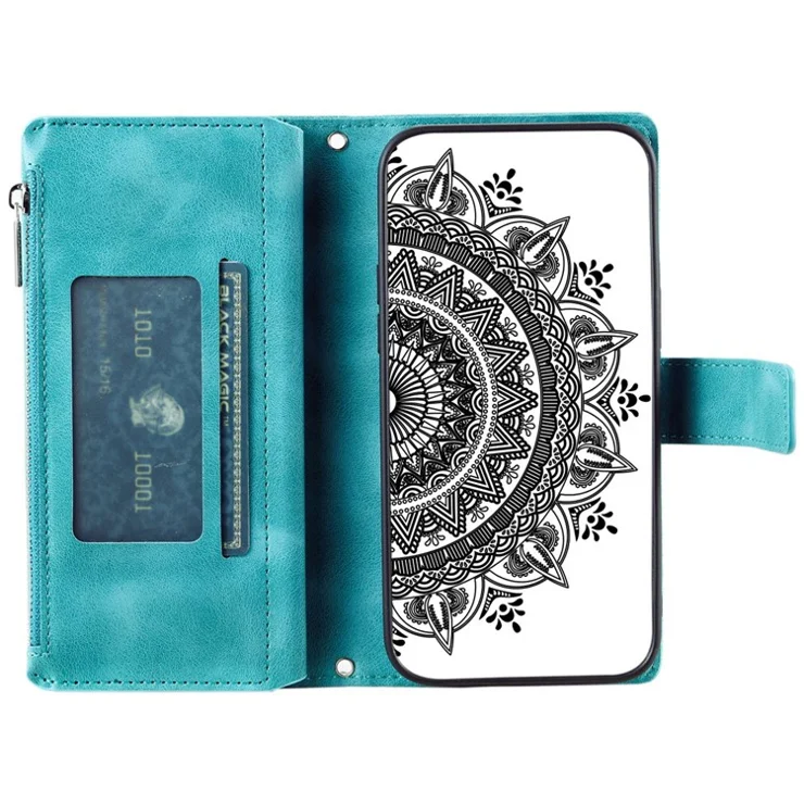For Samsung Galaxy S22 5G Mandala Flower Pattern Printing Leather Phone Case Stand Zipper Pocket Wallet Multiple Card Slots Cover - Green
