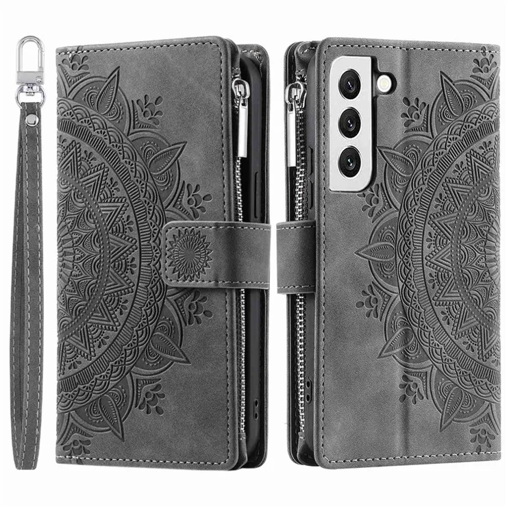 For Samsung Galaxy S21 5G Mandala Flower Imprinted Full Coverage PU Leather Phone Cover Stand with Multiple Card Slots Zipper Pocket Wallet Case - Grey