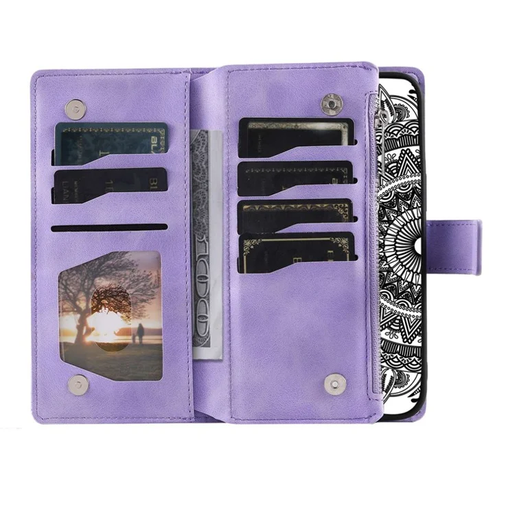 For iPhone 11 6.1 inch Mandala Flower Imprinted PU Leather Phone Cover Foldable Stand with Multiple Card Slots Zipper Pocket Wallet Case - Purple