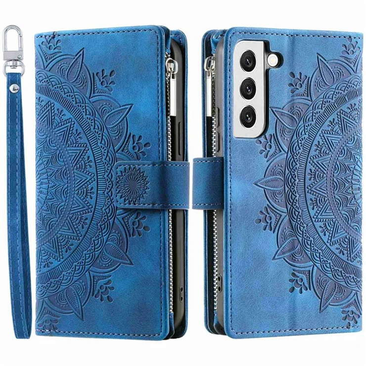 For Samsung Galaxy S22+ 5G Mandala Flower Imprinted Bump Proof PU Leather Phone Cover Stand with Multiple Card Slots Zipper Pocket Wallet Case - Blue