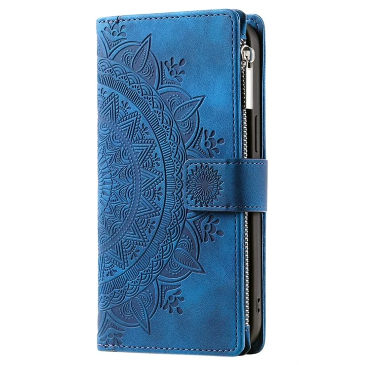 For Samsung Galaxy S22 Ultra 5G Zipper Pocket Phone Case, Mandala Flower Imprinted PU Leather Stand Cover Multiple Card Slots Wallet - Blue
