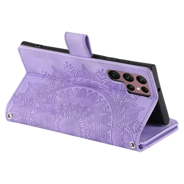 For Samsung Galaxy S22 Ultra 5G Zipper Pocket Phone Case, Mandala Flower Imprinted PU Leather Stand Cover Multiple Card Slots Wallet - Purple