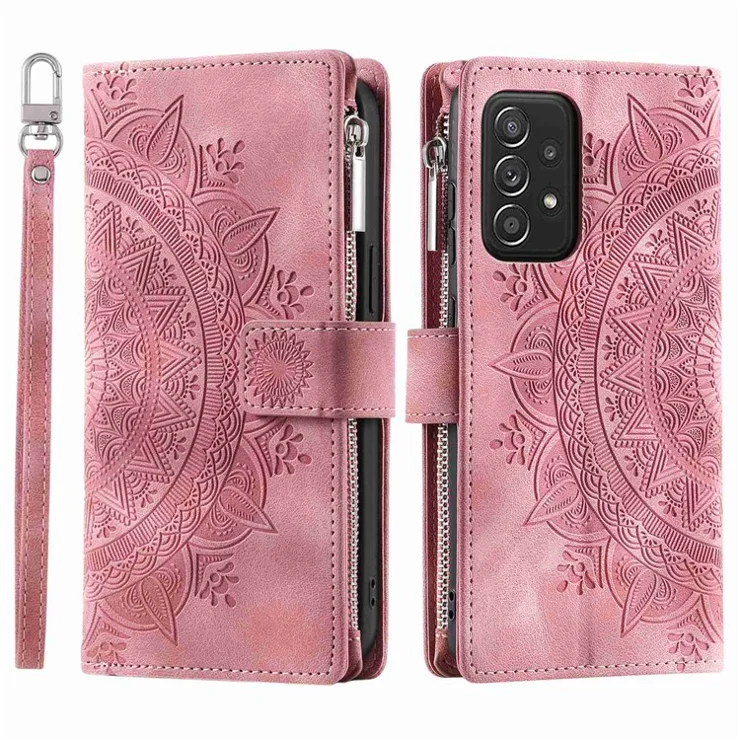 Zipper Pocket Wallet Case for Samsung Galaxy A33 5G, Shockproof Mandala Flower Imprinted PU Leather Stand Cover with Multiple Card Slots - Rose Gold