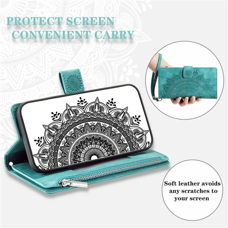 Zipper Pocket Wallet Case for Samsung Galaxy A33 5G, Shockproof Mandala Flower Imprinted PU Leather Stand Cover with Multiple Card Slots - Green