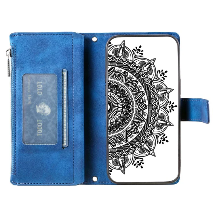 Zipper Pocket Wallet Case for Samsung Galaxy A52 4G / 5G / A52s 5G, Collision-proof Mandala Flower Imprinted PU Leather Stand Cover with Multiple Card Slots - Blue