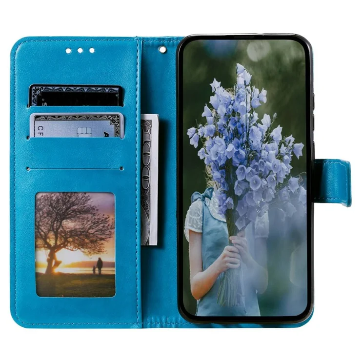 For Samsung Galaxy S23+ Mandala Flower Imprinted PU Leather Flip Stand Wallet Case Magnetic Clasp Full Protection Cover - Blue