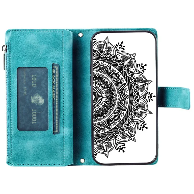 For Samsung Galaxy A23 4G / 5G (Global Version) / M13 4G / F23 5G / M23 5G PU Leather Phone Shell, Mandala Flower Imprinted Cover Stand with Multiple Card Slots Zipper Pocket Wallet Case - Green