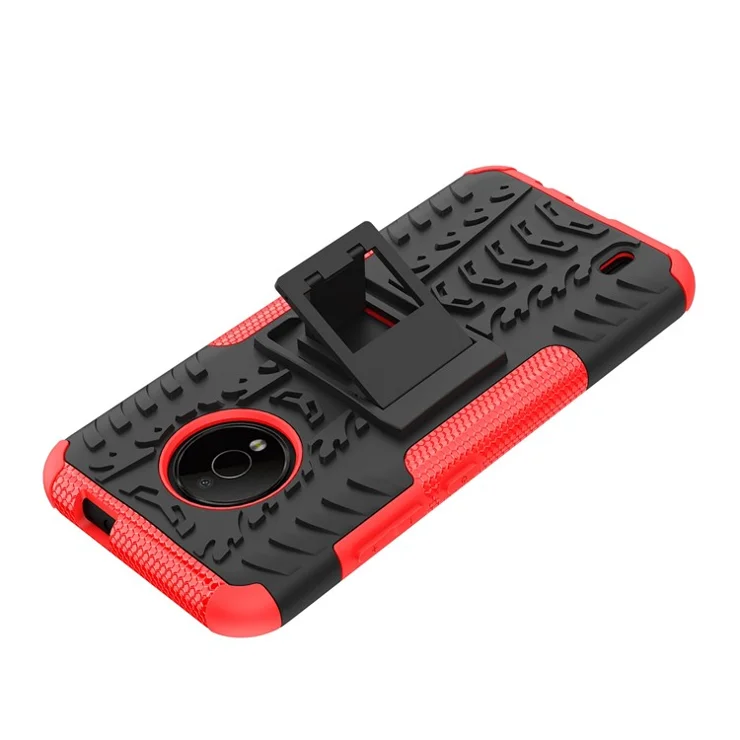 For Nokia C200 4G Tyre Pattern Design Kickstand Phone Cover PC + TPU 2-in-1 Shockproof Case - Red