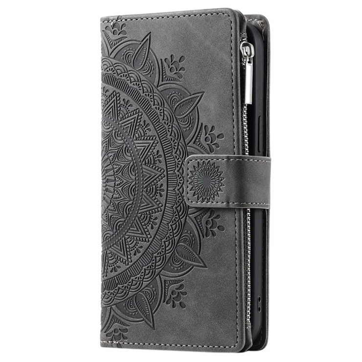For Samsung Galaxy S20 Plus 4G / 5G Anti-scratch Phone Shell Zipper Pocket Mandala Flower Imprinted Multiple Card Slots Wallet PU Leather Stand Cover - Grey