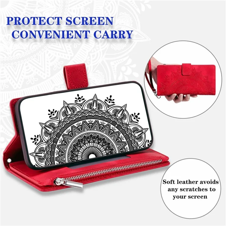 For Samsung Galaxy S20 Plus 4G / 5G Anti-scratch Phone Shell Zipper Pocket Mandala Flower Imprinted Multiple Card Slots Wallet PU Leather Stand Cover - Rose