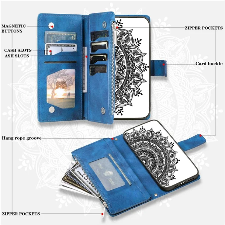 For Samsung Galaxy S20 Ultra Mandala Flower Imprinted Zipper Pocket Phone Case PU Leather Stand Cover Multiple Card Slots Wallet - Blue