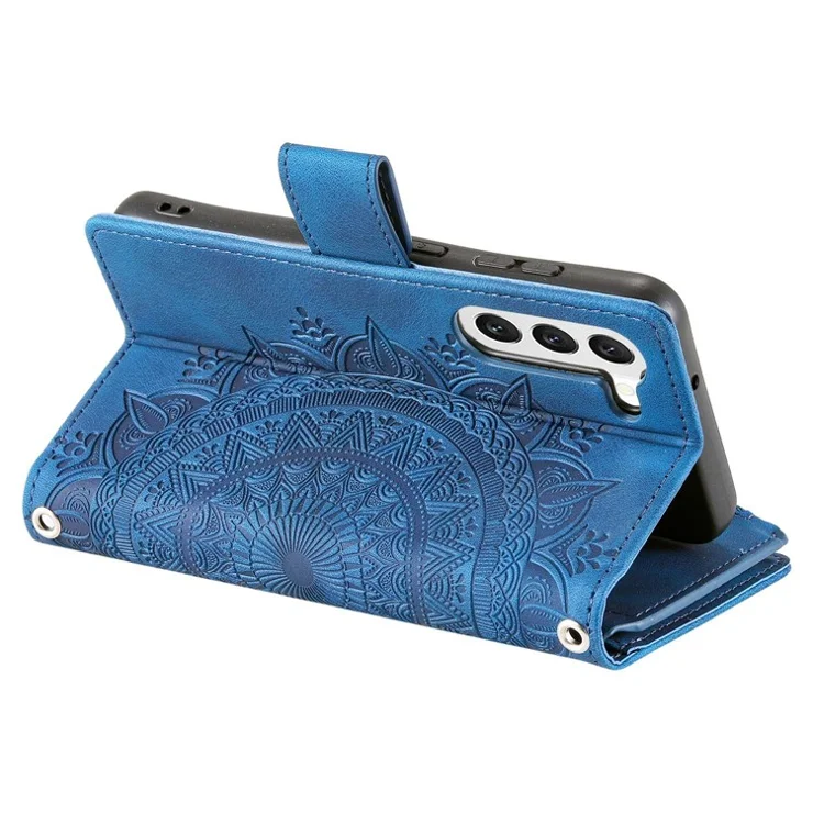 For Samsung Galaxy S23 Zipper Pocket Phone Case Mandala Flower Imprinted PU Leather Stand Cover Multiple Card Slots Wallet - Blue