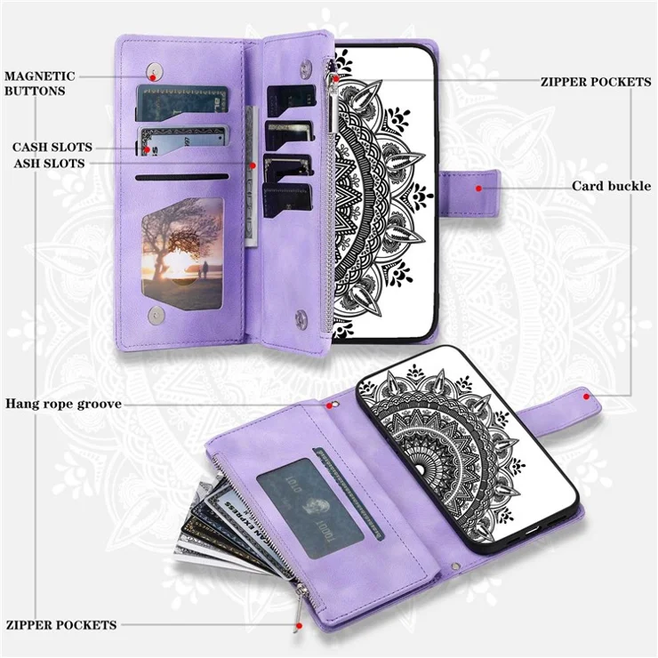 For Samsung Galaxy S23 Zipper Pocket Phone Case Mandala Flower Imprinted PU Leather Stand Cover Multiple Card Slots Wallet - Purple