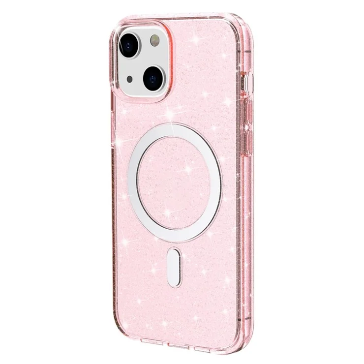 For iPhone 14 Transparent Glitter Protective Cover Magnetic TPU+PC Phone Anti-scratch Case Compatible with MagSafe Charger - Pink