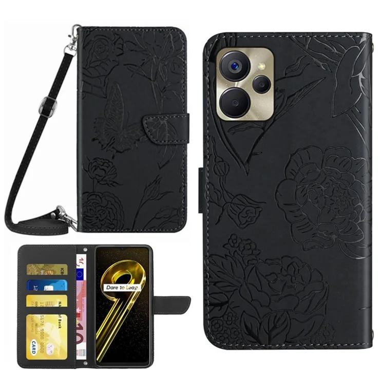 For Realme 9i 5G / Realme 10 5G HT03 Wallet Function Phone Case Stand Butterfly Flowers Imprinted Skin-touch PU Leather Magnetic Closure Cover with Shoulder Strap - Black