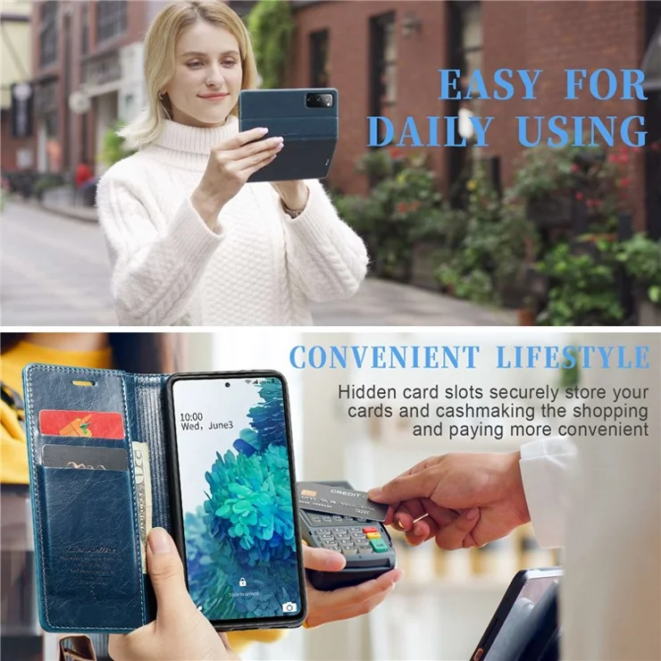 CASEME 003 Series For Samsung Galaxy S20 FE / S20 FE 5G / S20 FE 2022 / S20 Lite Shock Absorbing PU Leather Phone Case Waxy Texture Wallet Stand Cover - Blue