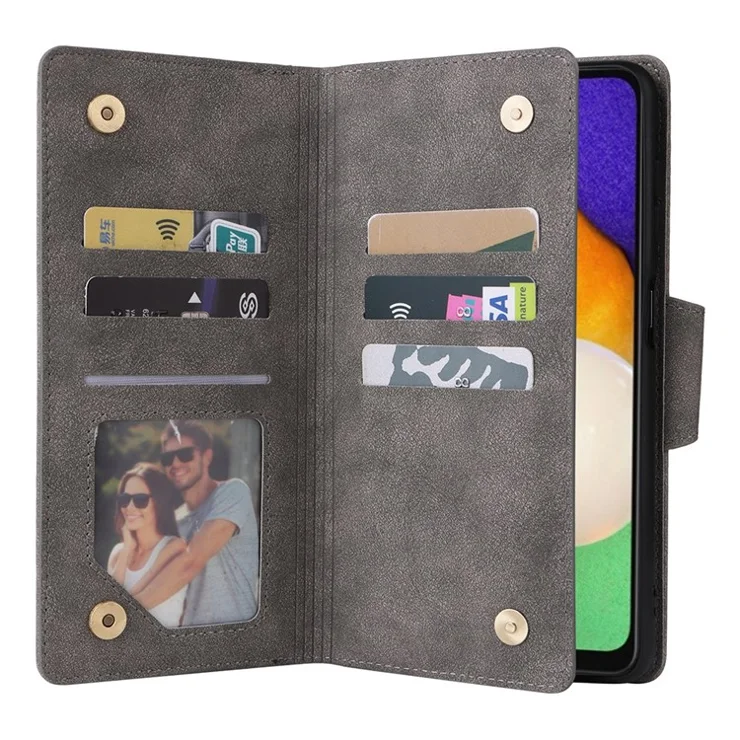 Drop-proof Phone Case For Samsung Galaxy A14 5G / A14 4G Zippered Wallet Rivet Buckle PU Leather Stand Cell Phone Cover with Strap - Grey