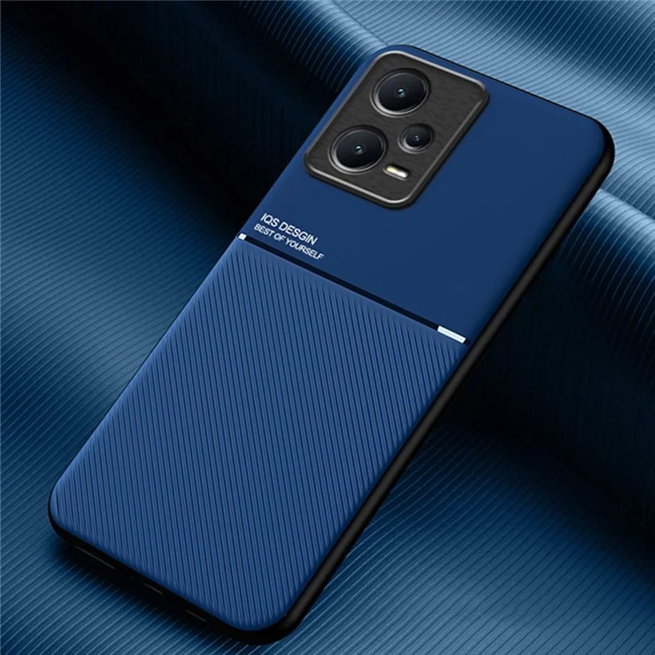 Anti-scratch Back Case for Xiaomi Redmi Note 12 Pro 5G Lines Imprinted PU Leather+TPU Hybrid Shell with Built-in Metal Sheet - Blue