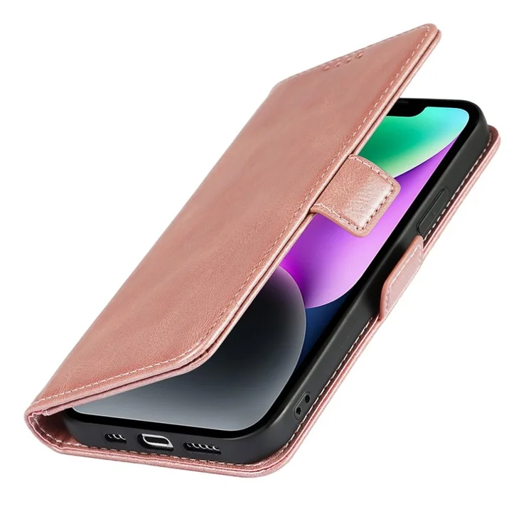For iPhone 14 Plus Retro Wallet Stand Magnetic Clasp Phone Cover Shockproof Flip Leather Phone Case with Strap - Rose Gold