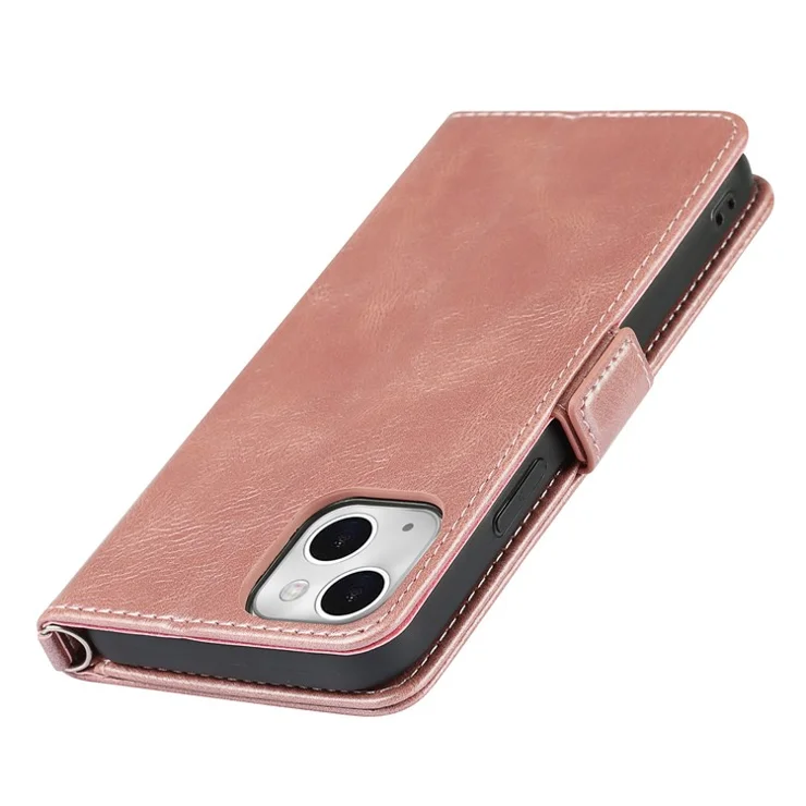 For iPhone 14 Plus Retro Wallet Stand Magnetic Clasp Phone Cover Shockproof Flip Leather Phone Case with Strap - Rose Gold