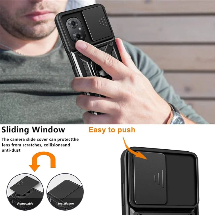 Anti-drop Phone Case for Xiaomi Poco M4 5G, Ring Kickstand PC + TPU Protective Back Cover with Slide Camera Protector - Gold