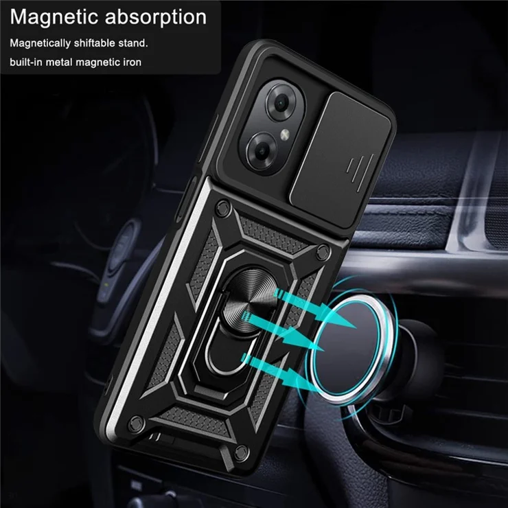 Anti-drop Phone Case for Xiaomi Poco M4 5G, Ring Kickstand PC + TPU Protective Back Cover with Slide Camera Protector - Rose Gold