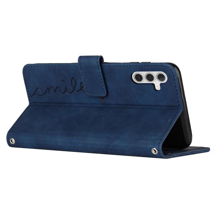 For Samsung Galaxy A13 5G / M13 5G / A04s 4G (164.7 x 76.7 x 9.1 mm) / A04 4G (164.4 x 76.3 x 9.1 mm) Imprinted Heart Shape Wallet Case Skin-touch Feeling PU Leather Stand Phone Cover - Sapphire