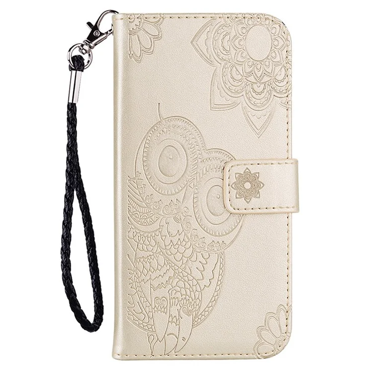Cell Phone Cover for Samsung Galaxy S23+, Anti-scratch Imprinted Owl Flower Pattern Stand Wallet Leather Phone Case - Gold