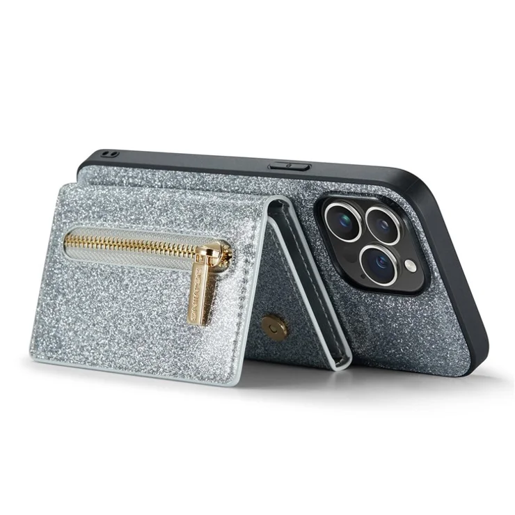DG.MING M3 Series 2-in-1 Detachable Phone Case For iPhone 13 Pro Max 6.7 inch, Glittery Zipper Wallet Magnetic Anti-fall Protective Cell Phone Cover Kickstand - Silver