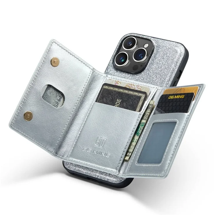DG.MING M3 Series For iPhone 13 Pro 6.1 inch 2-in-1 Detachable Phone Case Glittery Zippered Wallet Magnetic Anti-scratch Phone Cover Kickstand - Silver