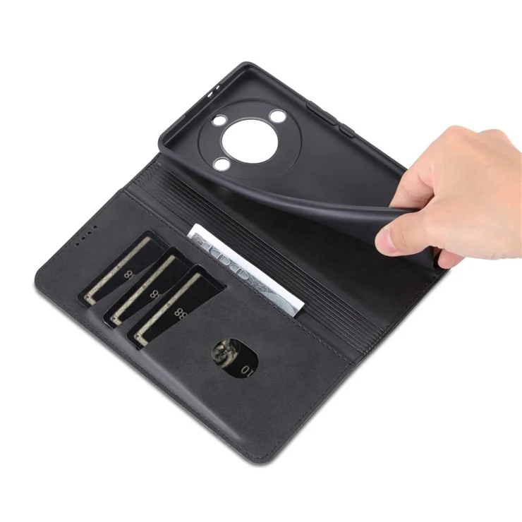 AZNS For Honor X40 5G Cowhide Texture Stand Phone Case PU Leather Magnetic Auto-absorbed Folio Flip Wallet Cover - Black