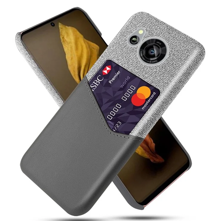 For Sharp Aquos Sense 7 PU Leather + Hard PC Anti-fall Phone Cover Cloth Texture Card Holder Scratch-resistant Protective Back Case - Grey