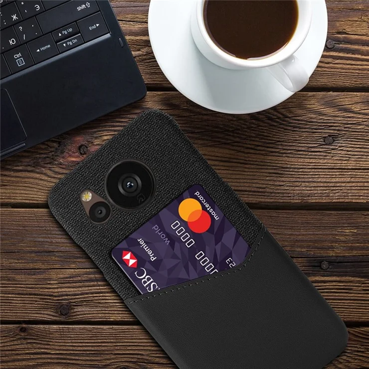 For Sharp Aquos Sense 7 Plus PU Leather Coated Hard PC Phone Cover Cloth Texture Card Holder Protective Case - Black