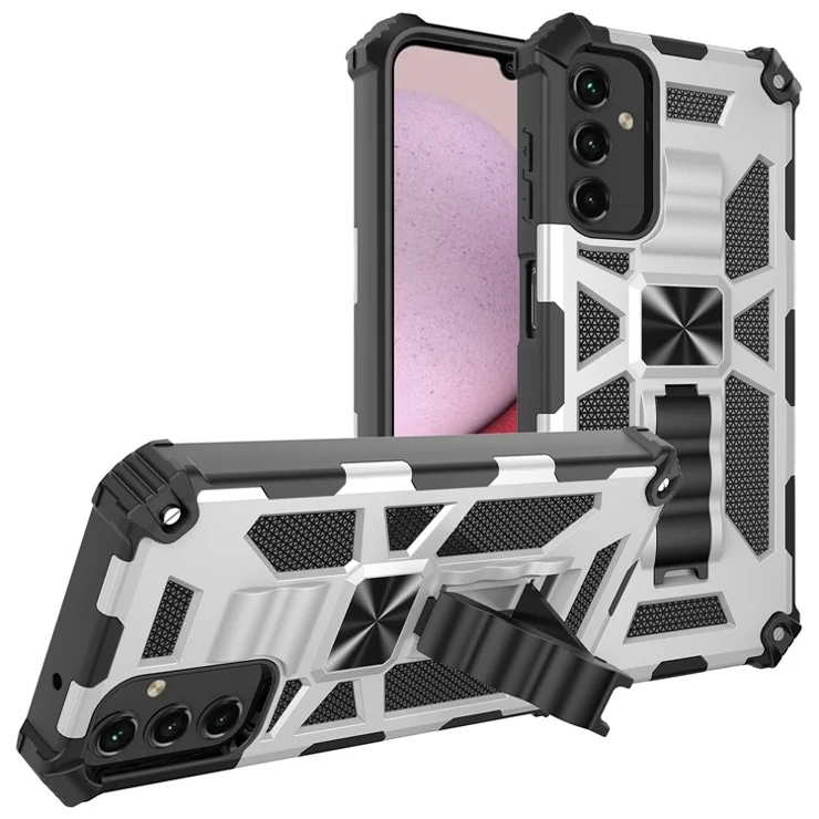 For Samsung Galaxy A14 5G / 4G Shockproof Phone Cover Kickstand Soft TPU+Hard PC Cover - Silver