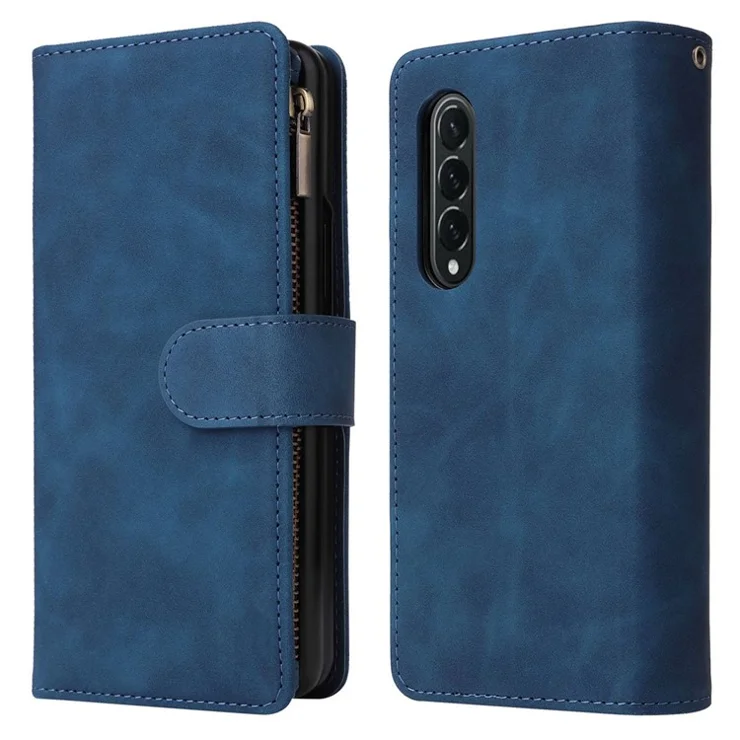 For Samsung Galaxy Z Fold4 5G Multiple Card Slots Zipper Pocket PU Leather Phone Stand Case Magnetic Clasp Wallet Cover - Blue