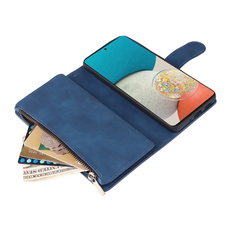 For Samsung Galaxy A23 5G (Global Version) / A23 4G / M23 5G / F23 5G Multiple Card Slots Zipper Pocket PU Leather Phone Stand Case Magnetic Clasp Wallet Cover - Blue