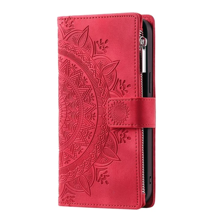 Mandala Flower Imprinted PU Leather Case for Samsung Galaxy S10 Plus 4G Magnetic Clasp Protection Cover with Zippered Wallet / Strap - Red
