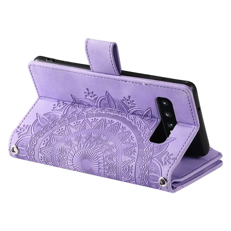 Mandala Flower Imprinted PU Leather Case for Samsung Galaxy S10 Plus 4G Magnetic Clasp Protection Cover with Zippered Wallet / Strap - Purple