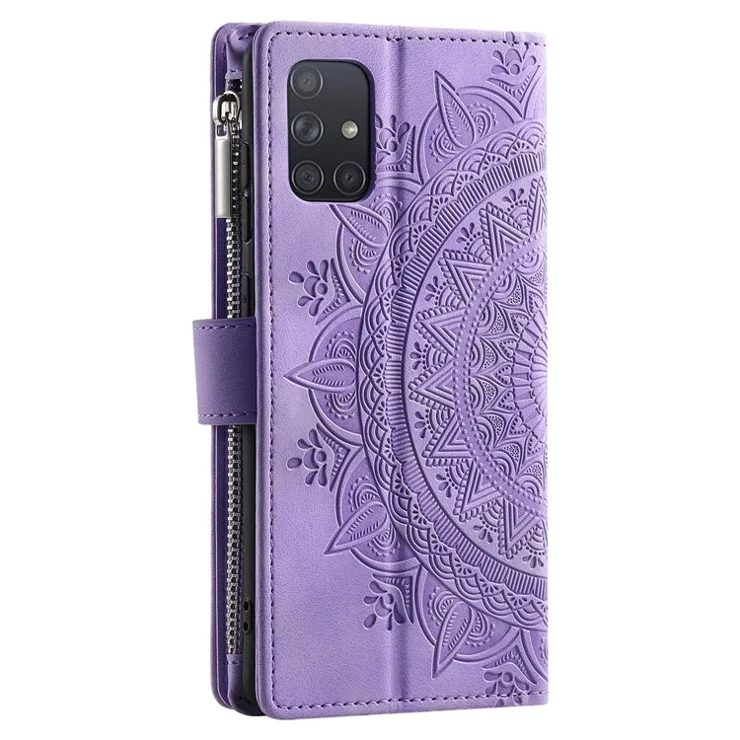 For Samsung Galaxy A51 4G SM-A515 PU Leather Phone Case Mandala Flower Imprinted Shockproof Cover Magnetic Clasp Multi Card Slot Phone Shell with Zippered Wallet / Strap - Purple