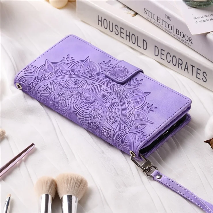 For Samsung Galaxy A51 4G SM-A515 PU Leather Phone Case Mandala Flower Imprinted Shockproof Cover Magnetic Clasp Multi Card Slot Phone Shell with Zippered Wallet / Strap - Purple