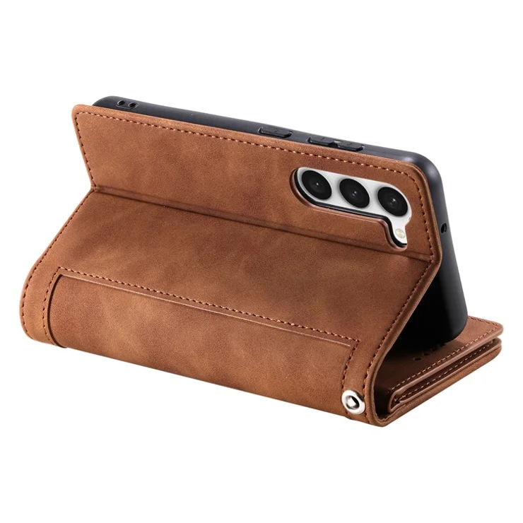 Anti-Fall Phone Case for Samsung Galaxy S23+ Shockproof Leather Cover Multi Card Slot Phone Shell with Zipper Wallet / Strap - Brown