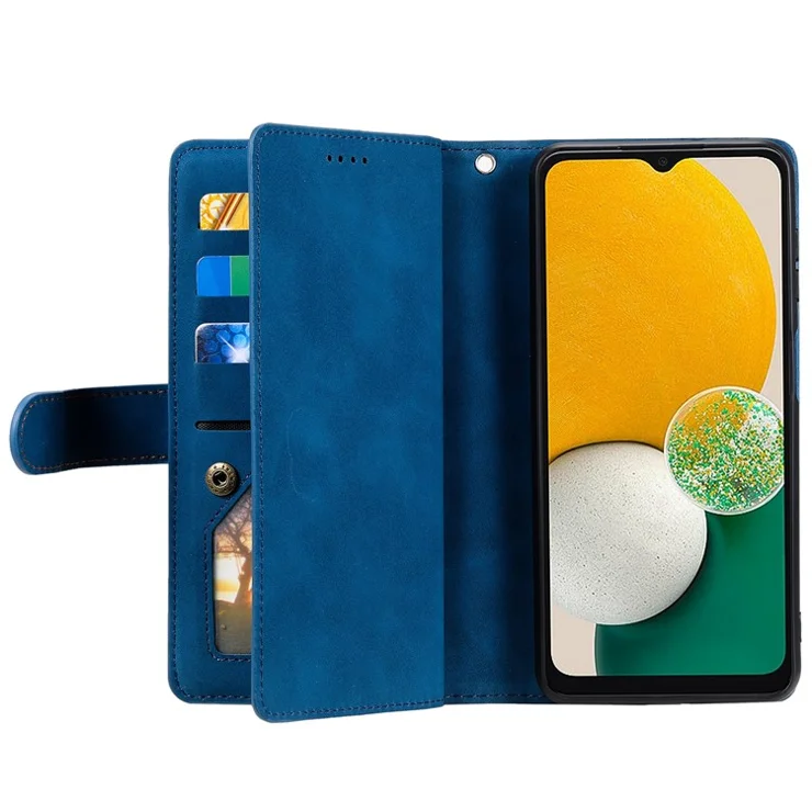 For Samsung Galaxy S23 Zipper Wallet Phone Case Leather Folio Flip Cover Multi Card Slot Phone Shell with Strap - Blue