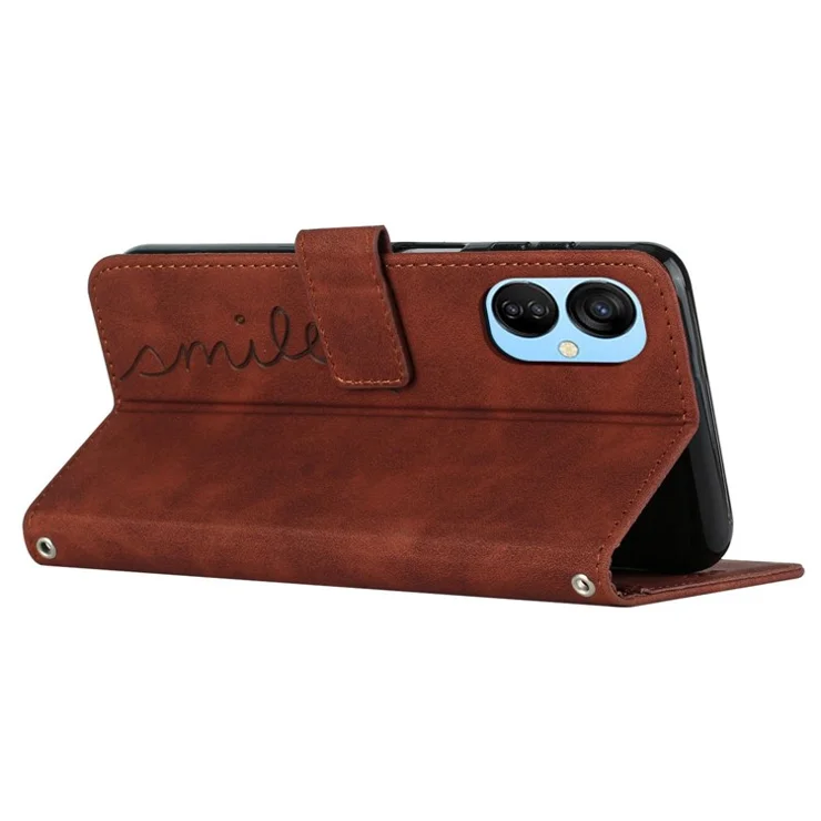 For TECNO Spark 9 Pro 4G Skin-Touch PU Leather Folio Flip Cove Imprinted Heart Shape Stand Function Wallet Phone Case with Strap - Brown