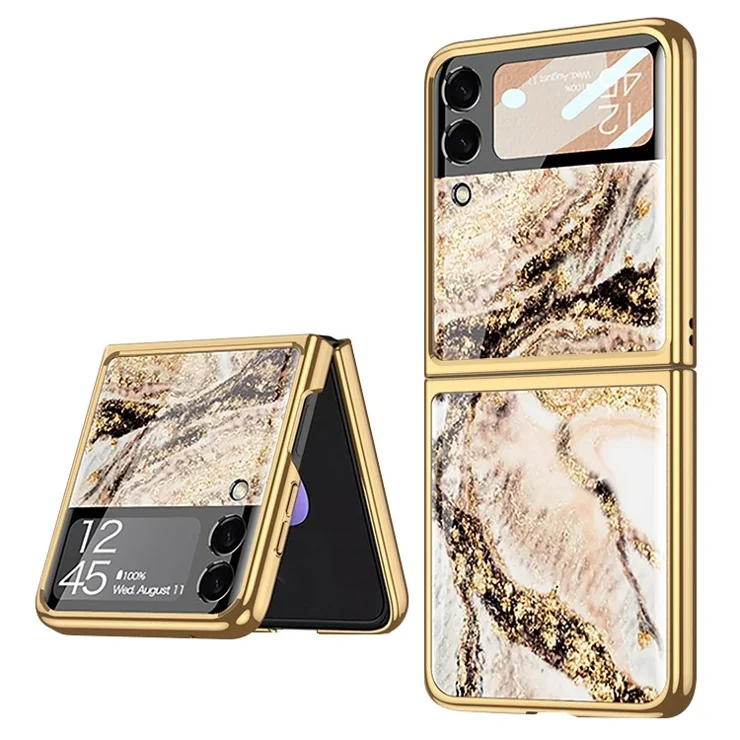 GKK For Samsung Galaxy Z Flip4 5G Pattern Printing Electroplated Back Cover Tempered Glass + Hard PC Small Screen Film Full Protection Folding Phone Case - Marble 09